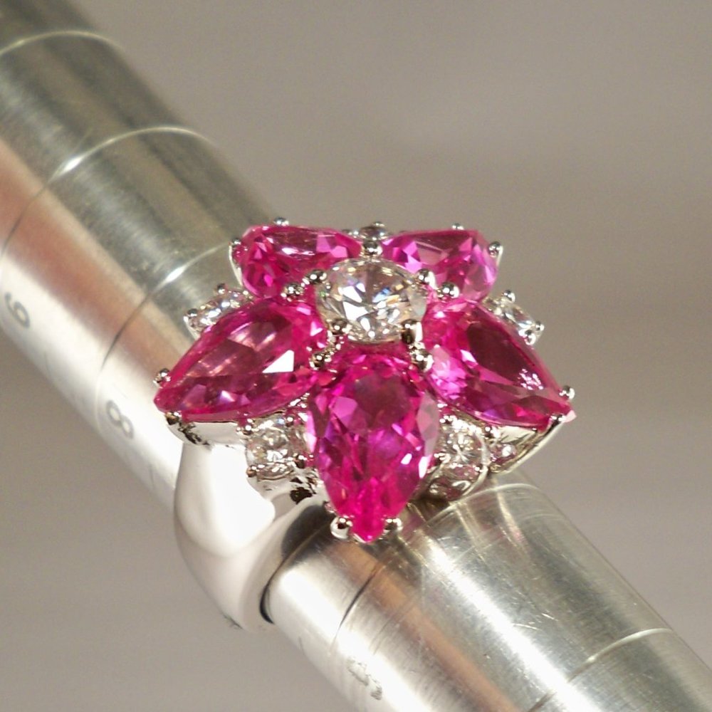 NEW Rare Vintage Charles Winston Pink Star/Flower Cubic Zirconias Silver Ring